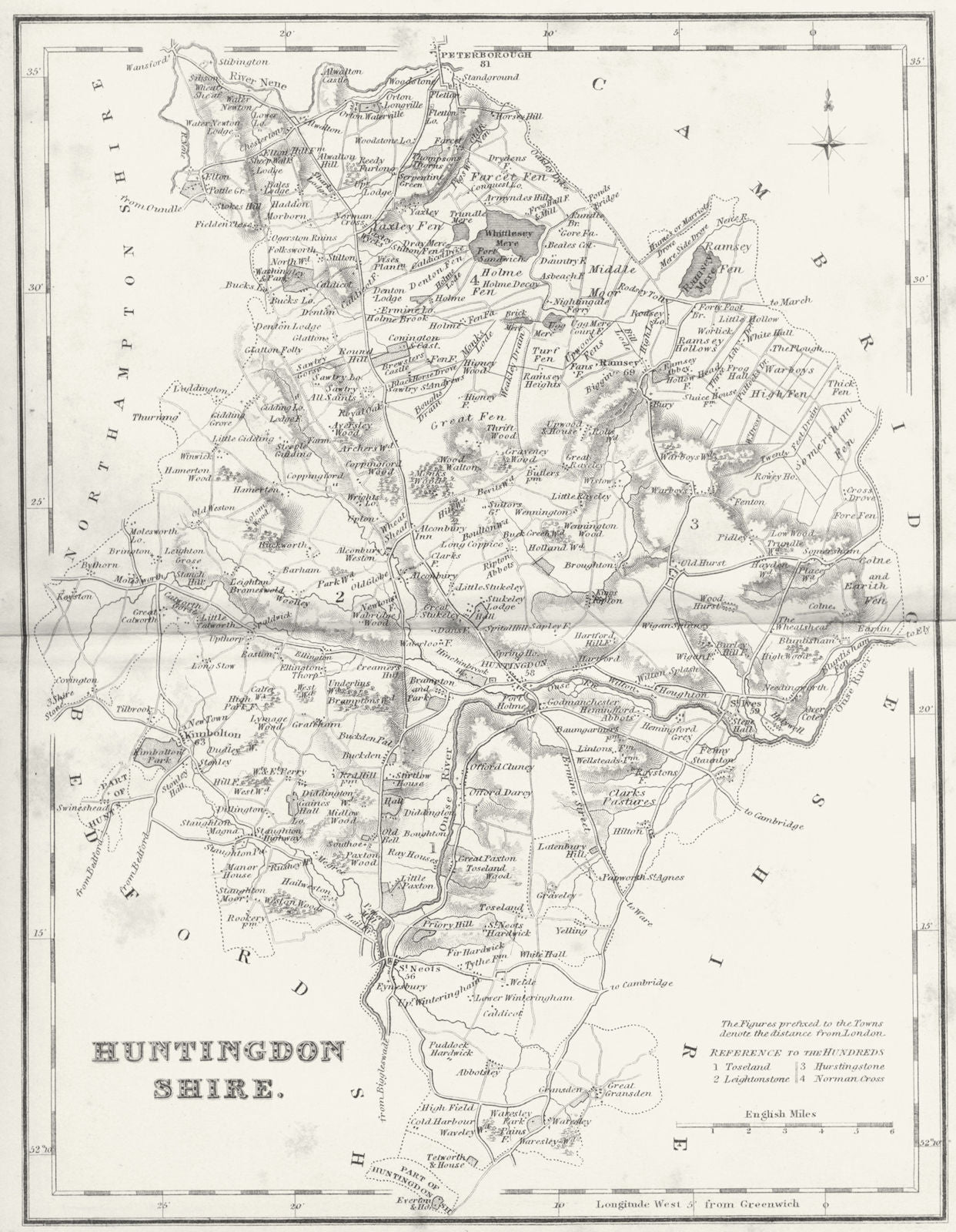 HUNTS. Huntingdonshire. Fullarton 1844 old antique vintage map plan chart
